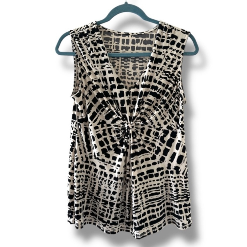 Daisy Fuentes Black Beige Pattern Twist Front Sleeveless Top Women’s Size Large